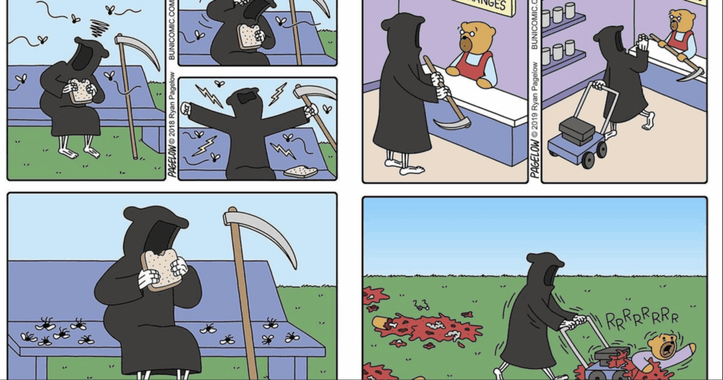 The Grim Reaper reimagined as a comedic character in these captivating comics.