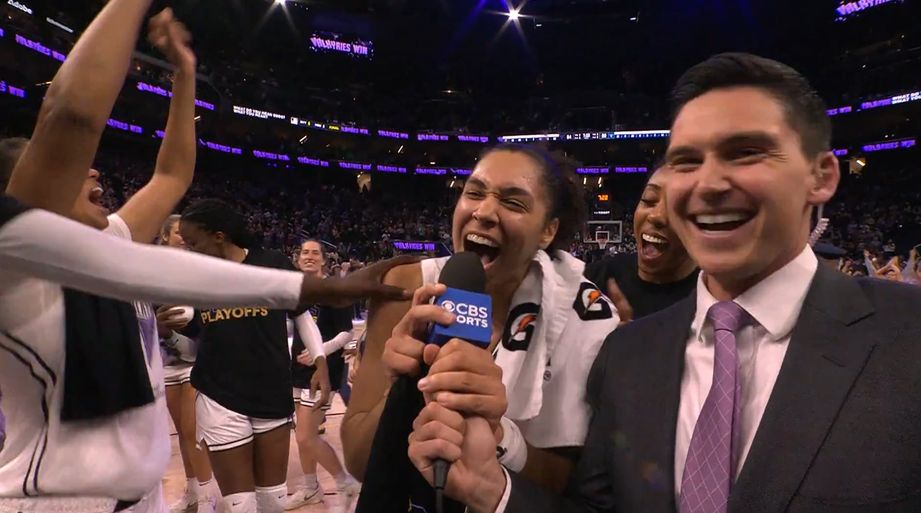 Wnba: Valkyries clinch playoff spot, celebratory cheers for Janelle Salaün, Carla Leite, and Iliana Rupert.