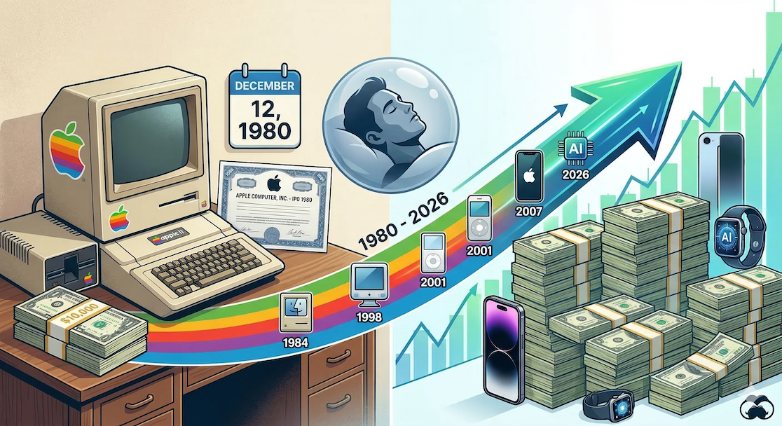 You invested $10,000 in Apple shares at its IPO, then fell into a coma—how much is your fortune worth upon waking in March 2026?
